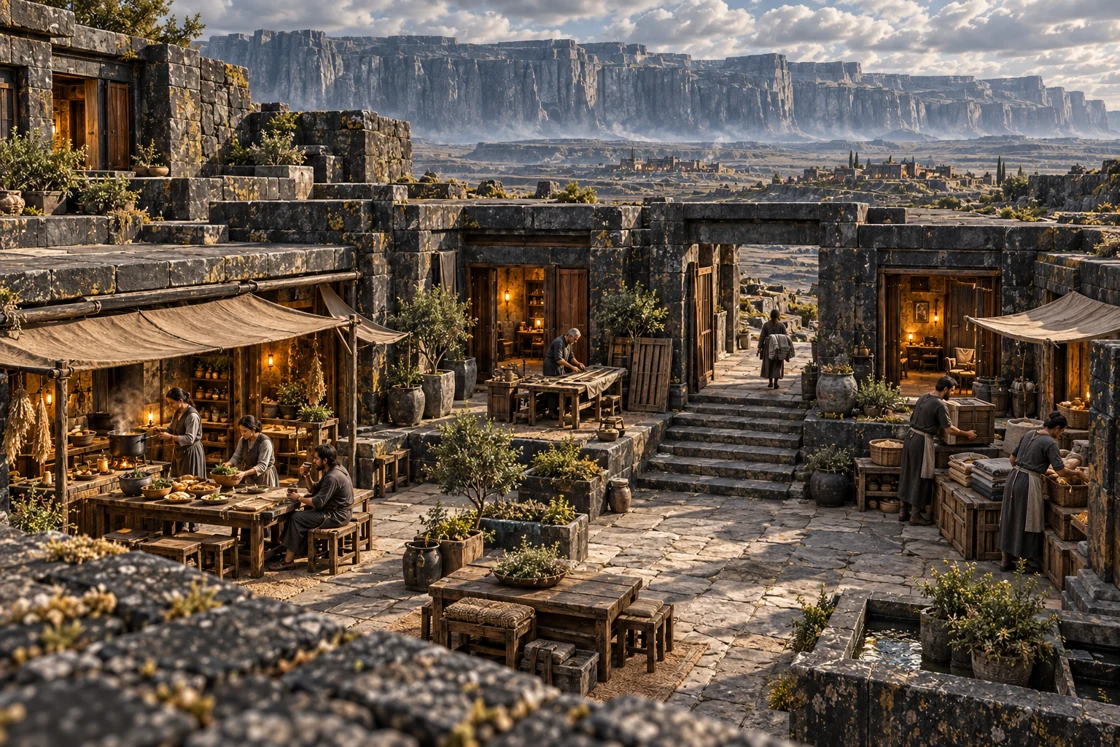 Provisions arrive, food is prepared and a shutter is repaired around a broad courtyard. Beyond its low roofs, a passage opens onto the plateau.