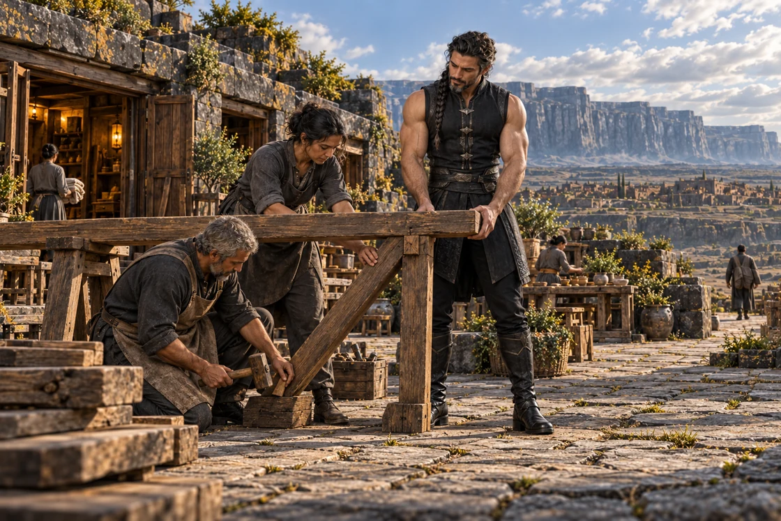 Dhaurven steadies a timber beam while one worker aligns the brace and another fits the wedge below. The small repair takes shape in a courtyard open to the plateau.