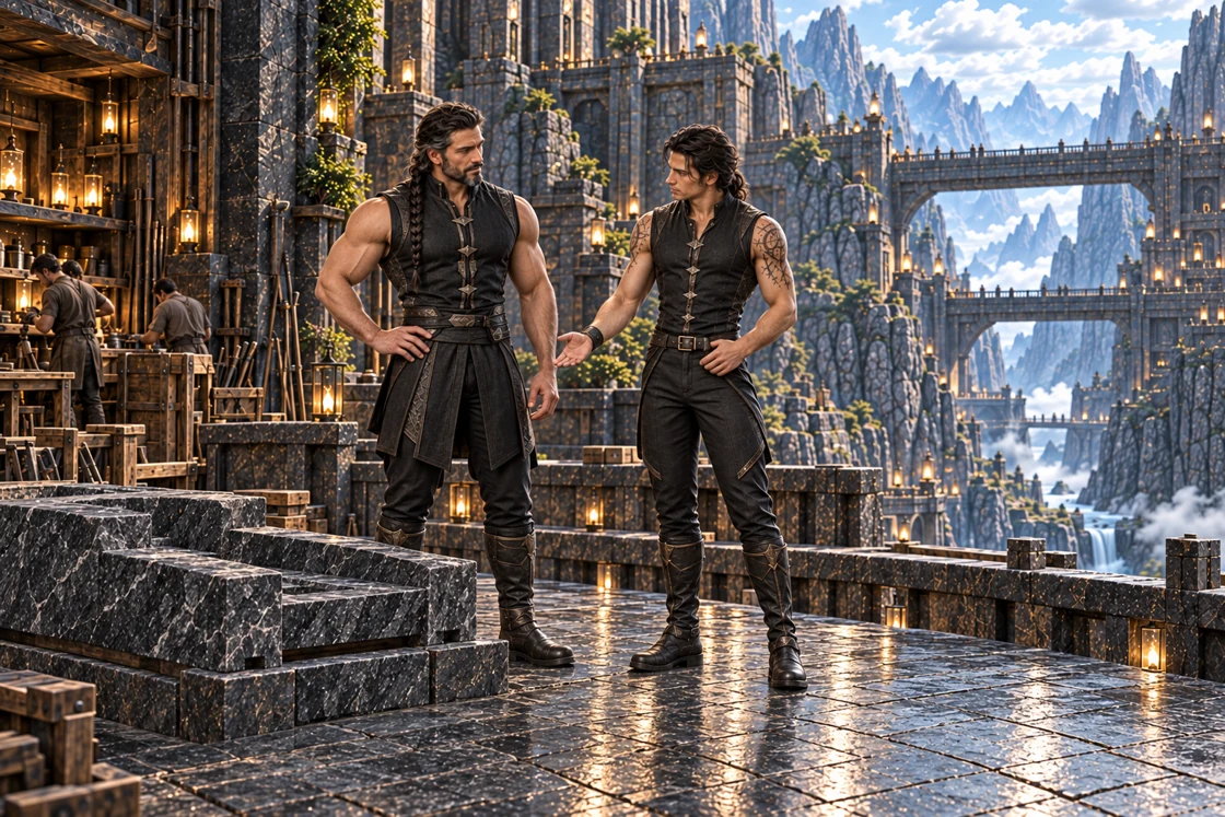 Dhaurven listens at the left as Aedrin gestures toward a stepped basalt bearing seated on a low stone base. They stand on an open working terrace above a deep gorge crossed by massive bridges.