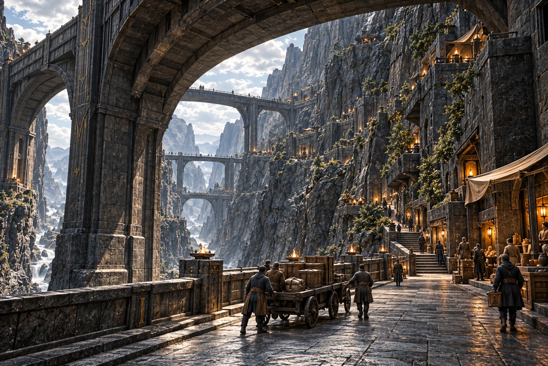 A crew moves a loaded wooden cart along a broad stone passage beneath a massive bridge arch, with more bridges crossing the deep gorge and warmly lit shops and homes rising along the right-hand cliff.