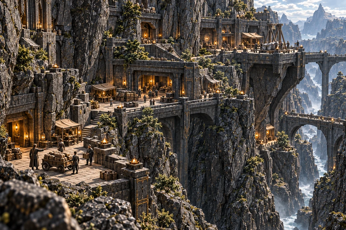 Working platforms step diagonally up a massive basalt cliff, with a laden cart on the nearest landing, supplies outside a central store and workers around a supported stone piece above, while bridges cross the deep gorge to the right.