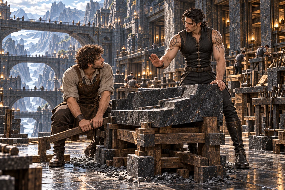 Aedrin raises an open hand to pause the adjustment while resting his other hand on a stepped basalt bearing. A curly-haired coworker holds a wooden lever still and looks up at him, with supported stonework and immense bridges spanning the gorge behind them.