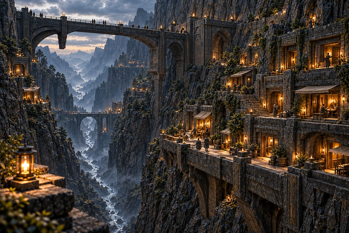 Warm lamps illuminate homes and stepped galleries beneath a massive stone bridge, with small residents walking and gathering at doorways. A lantern on a nearby parapet frames the deep basalt gorge and distant watercourse.