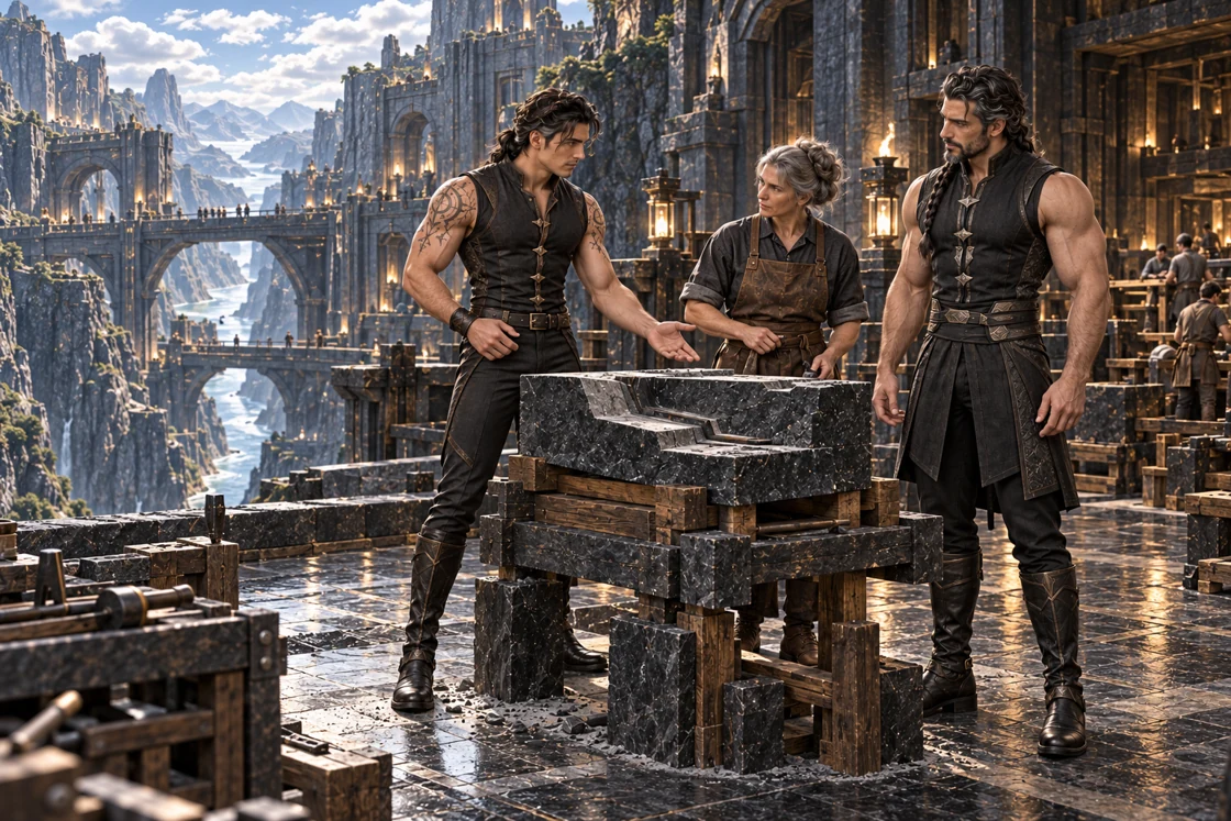 Aedrin gestures toward a supported stepped basalt component as Dhaurven and a gray-haired specialist listen on an open stone platform, with load bridges and the deep gorge extending to the left.