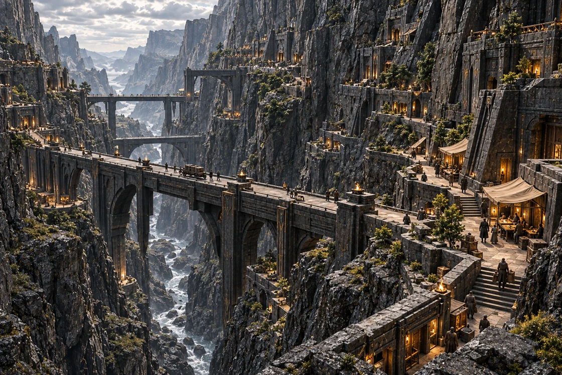 Load bridges above sheltered homes and working platforms in a basalt gorge