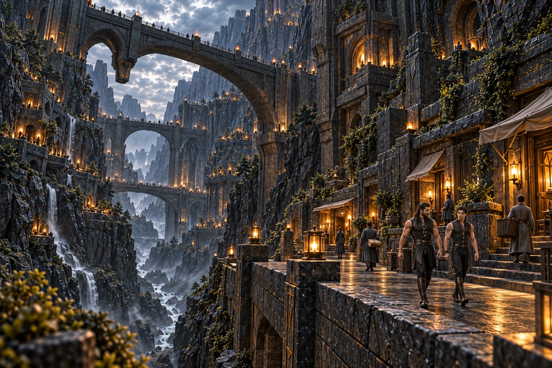 A panoramic view from a lower landing looks up toward immense stone bridges and illuminated homes in a basalt gorge. Dhaurven and Aedrin walk at the lower right among residents carrying baskets and bundles along a broad gallery.