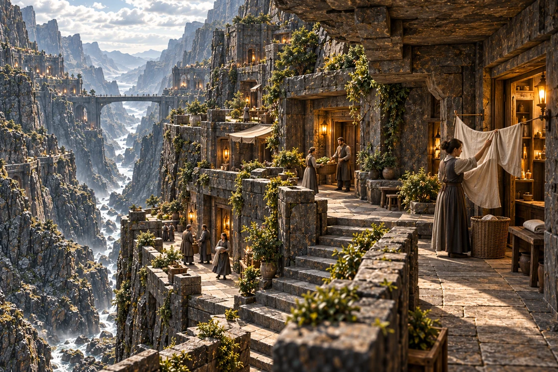 A resident gathers a pale sheet beneath a deep stone overhang while neighbors exchange a basket of food at a doorway below. Other residents talk and carry folded cloth along stepped landings, with a distant bridge spanning the immense basalt gorge to the left.