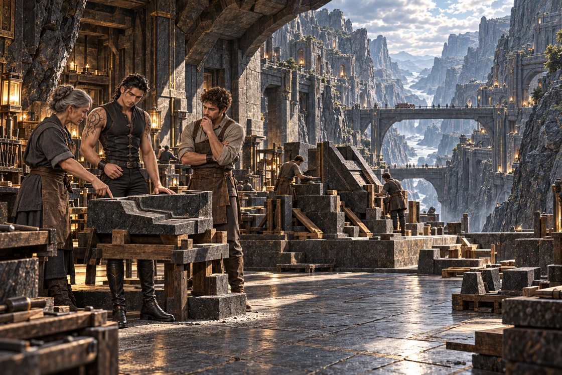 Aedrin and a fellow worker listen as a gray-haired specialist points to a stepped basalt component on a timber cradle, inside a vast open-sided stone workshop overlooking D5's deep gorge and load bridges.