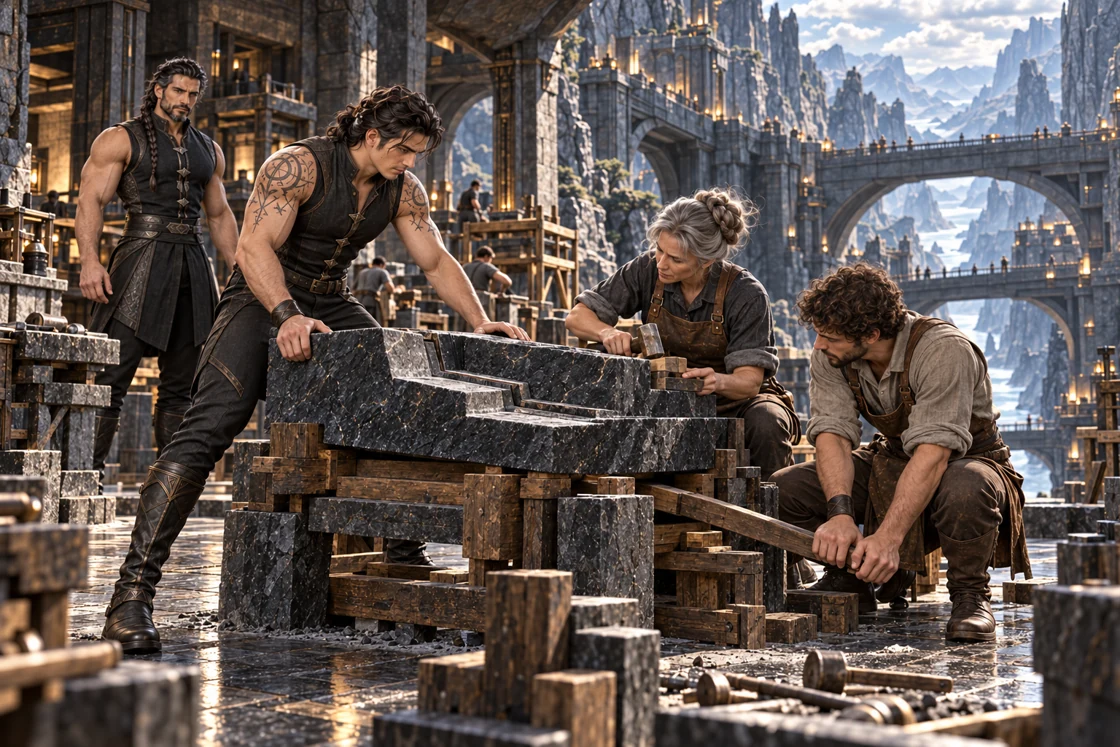 Aedrin braces a stepped basalt bearing on a timber-and-stone cradle while a gray-haired woman adjusts a shim and a curly-haired man works a wooden lever. Dhaurven watches from behind as massive bridges span the gorge beyond the platform.