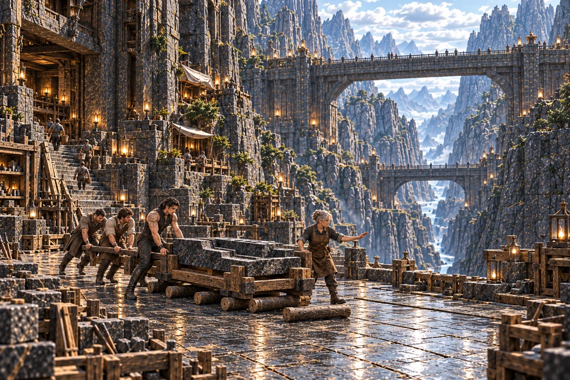 Aedrin walks beside a heavy stepped basalt bearing supported in a timber cradle on wooden rollers. Two workers push from behind while a gray-haired specialist guides the movement across a broad terrace, with inhabited cliffs and immense bridges above the gorge.