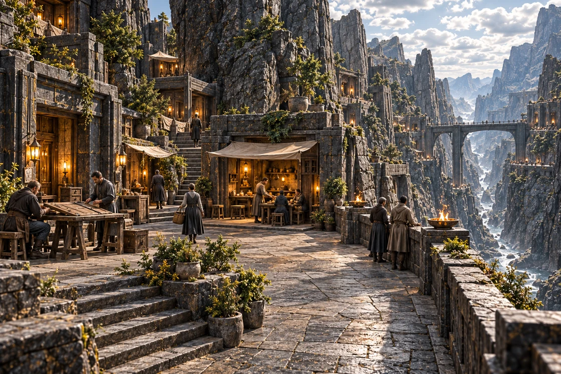 A stone neighborhood square between tall basalt ribs, with residents repairing a wooden shutter, carrying a basket and sharing food outside warmly lit homes, while the deep gorge and a distant bridge open to the right.