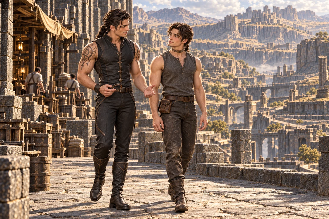 Aedrin gestures while walking beside Saevren along an inhabited basalt terrace.