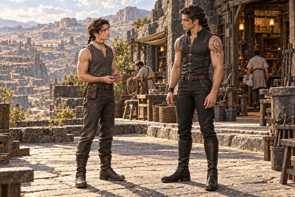 Saevren holds a small bracelet as he approaches Aedrin in a basalt workshop courtyard.
