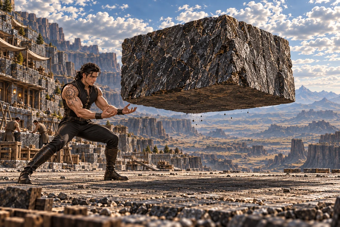 Aedrin stands in a wide, tense stance on the left of a basalt work yard, lifting a massive stone block without touching it. The block floats above its shadow, with its underside visible and small fragments falling. Terraced mountains and an open basin stretch behind him.
