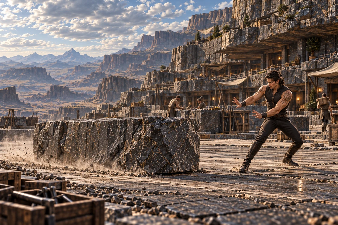 Aedrin braces on the right of a broad basalt work yard as a large stone block slides across the paving, trailing low dust. Two workers tend another block beneath terraced dwellings, while the open mountain basin stretches to the left.