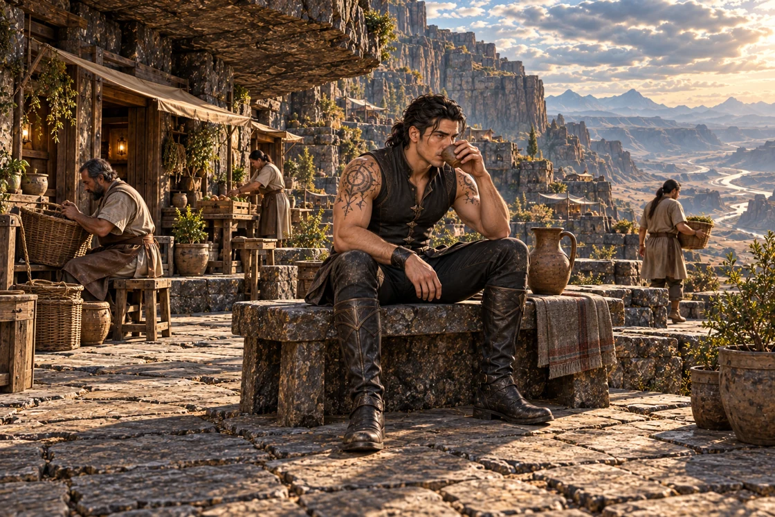 Aedrin drinks from an earthenware cup while seated on a basalt bench, a water pitcher beside him. Residents work with baskets and provisions beneath an overhang, with inhabited terraces and a wide mountain basin beyond.