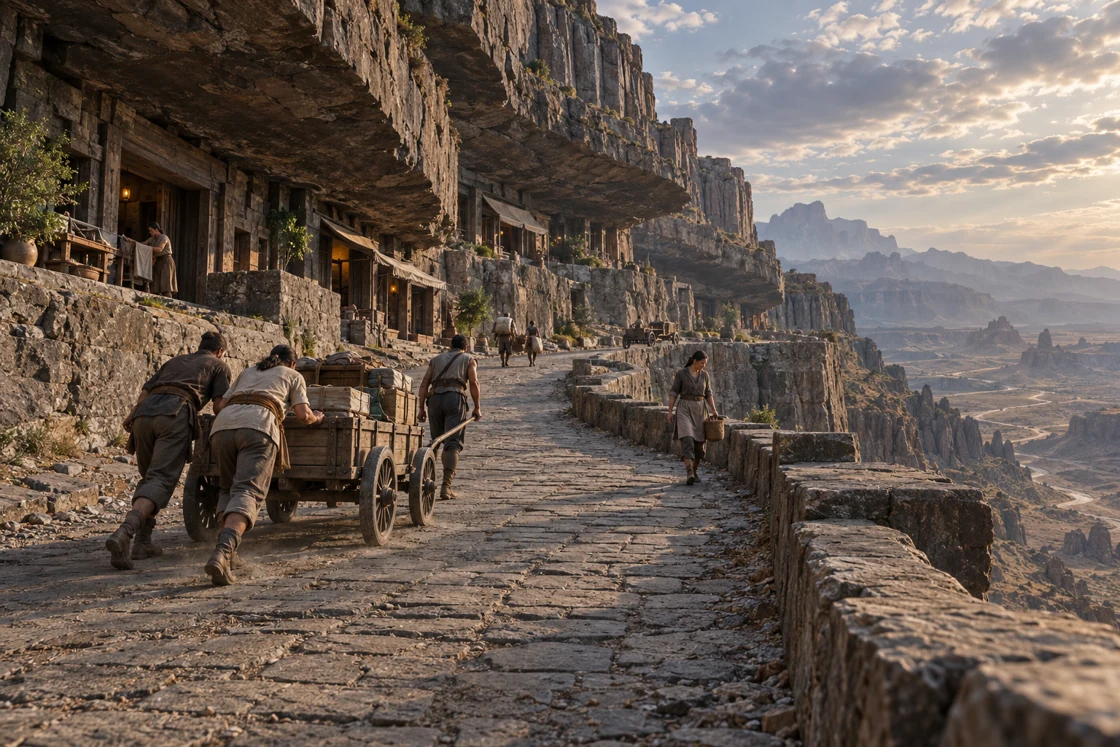 Residents push and guide a wooden cart loaded with boxes uphill on a broad paved ramp, beside homes beneath immense rock overhangs, while a person carrying a basket walks downhill beside the open basin.