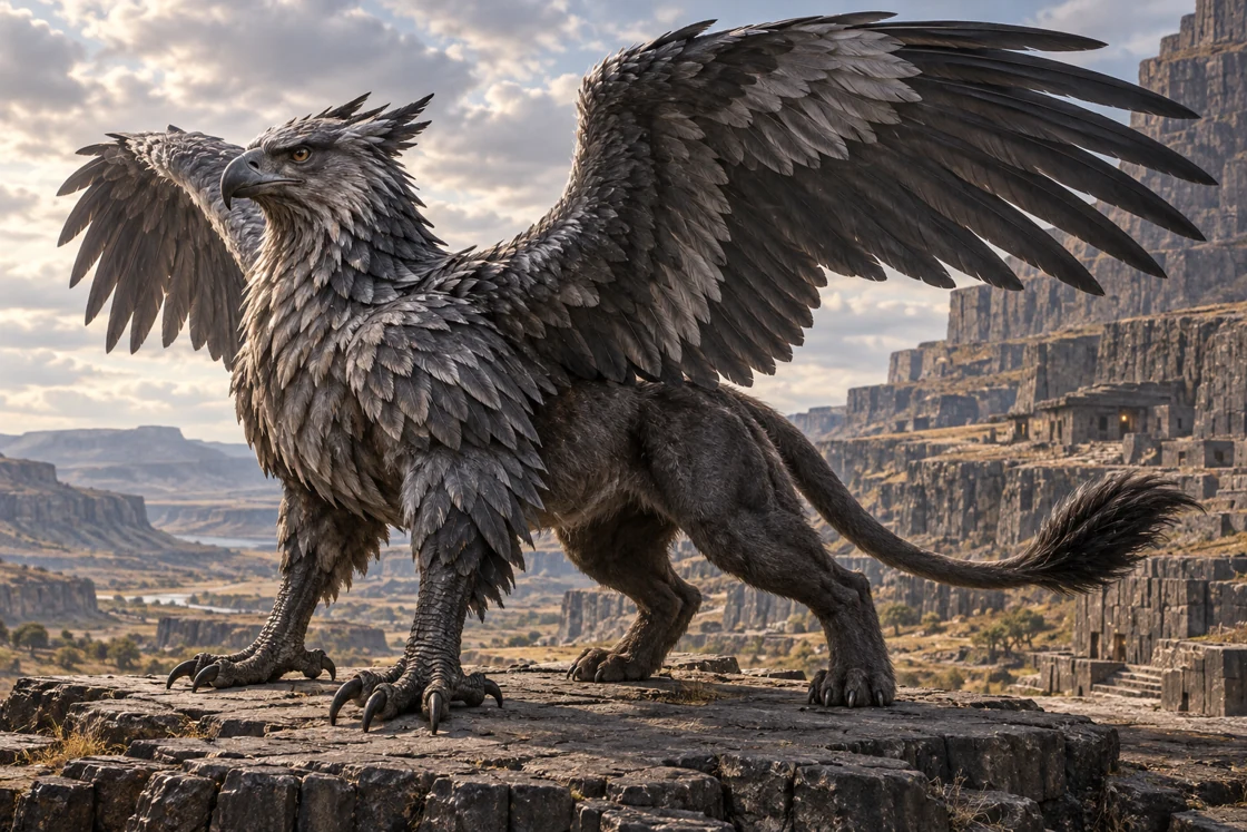A massive grey griffin with an eagle head, two spread feathered wings, front talons, dark furred feline hindquarters, four grounded legs and a long tufted tail, standing on basalt above terraced mountain dwellings.