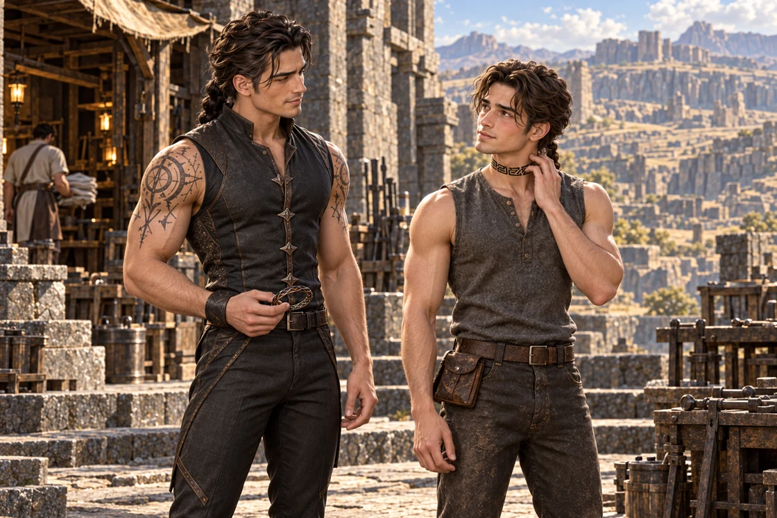 Saevren touches the tattoo around his neck while Aedrin listens, holding the bracelet.