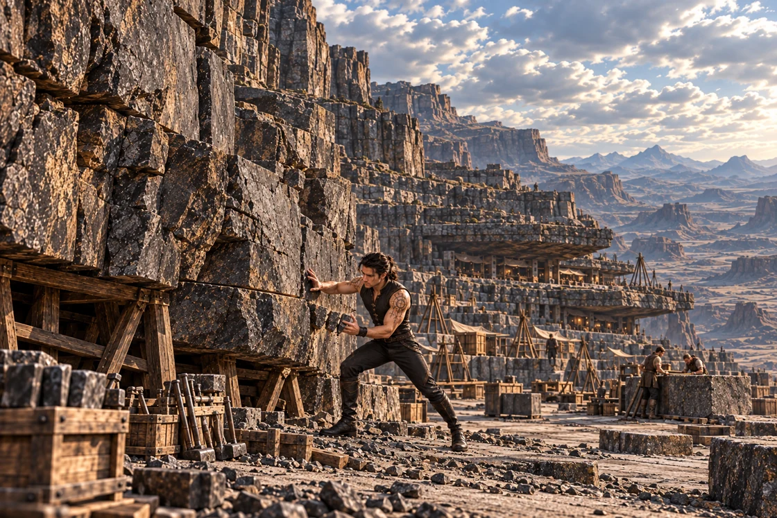 Aedrin, wearing his fitted black sleeveless outfit, braces beside a massive basalt cutting face and controls small aligned fragments, with stoneworkers, sheltered mountain homes and an open basin behind him.