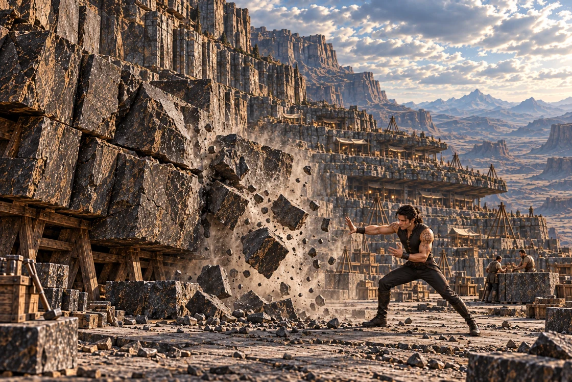 Aedrin braces on a broad stone working terrace as large basalt fragments break away from a prepared cutting face, with localized dust, other workers and stepped mountain dwellings behind him.