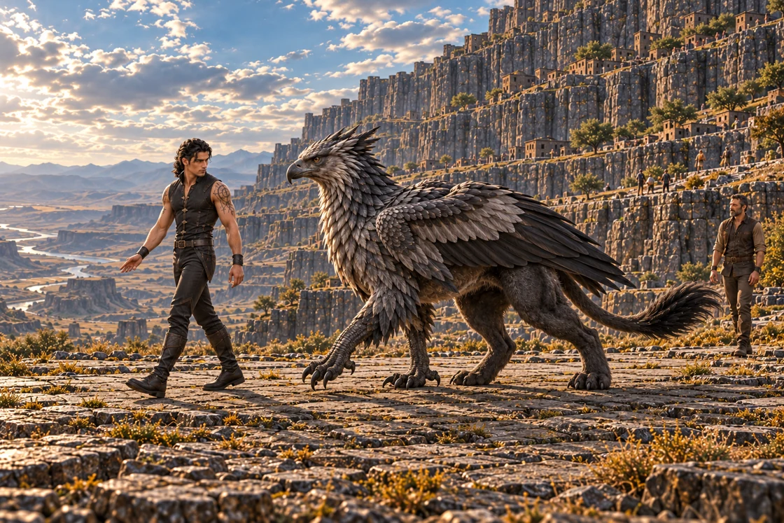 Aedrin walks left across a broad basalt apron, looking toward a slate-grey griffin taking a step beside him with its wings folded. A specialist follows at a distance, with inhabited terraces and a vast mountain basin behind them.
