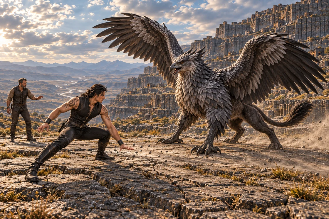 Aedrin braces low over loose stone as a slate-grey griffin spreads both wings on a broad rocky apron. A specialist stands back to the left, with terraced basalt homes and an open mountain basin behind them.