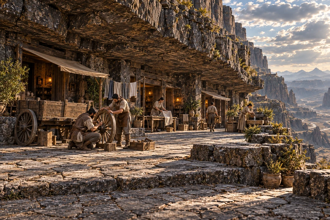 Residents repair a wooden cart wheel, fold linen and pour water into a basin along a row of homes beneath an immense basalt overhang. Warm lamps light the doorways, and a broad stone terrace opens toward the mountain basin on the right.