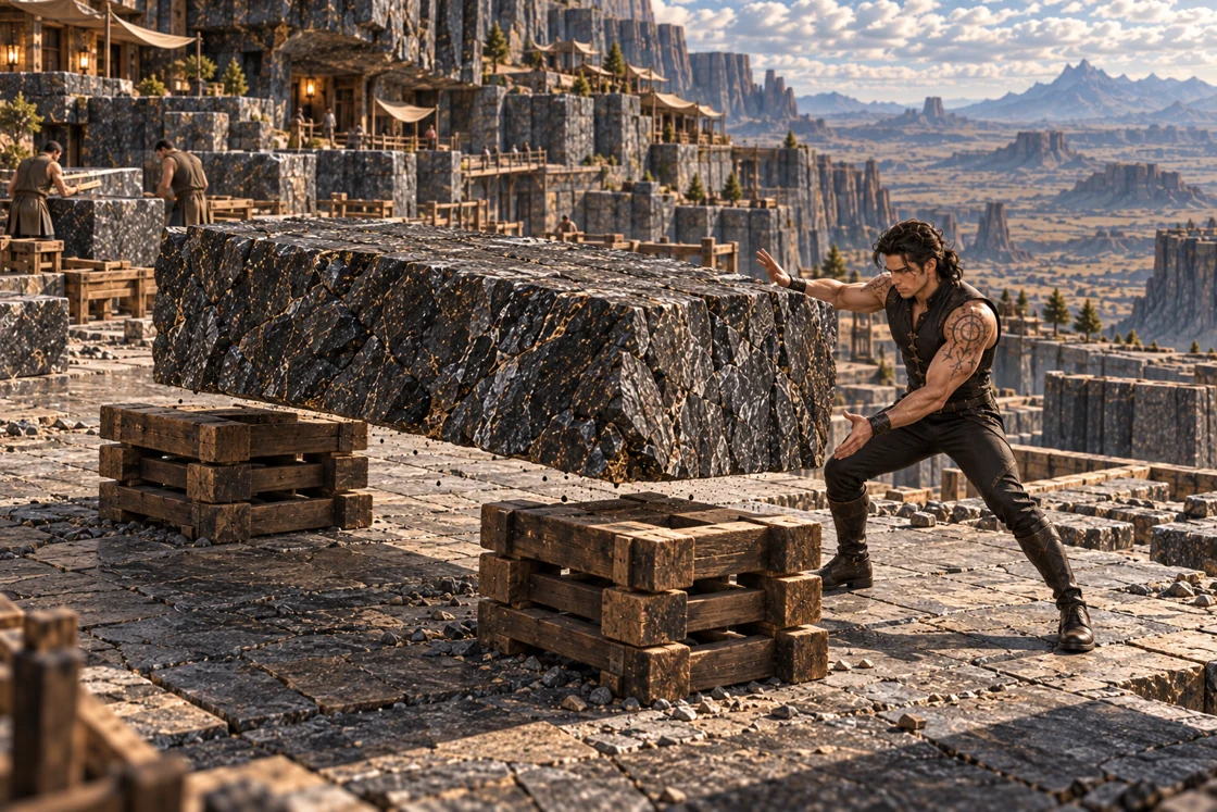 Aedrin braces on the right of a basalt work yard, guiding a massive stone block toward two low stacks of heavy timber. The block remains slightly tilted above the supports, with small fragments falling beneath it. Workers continue at another bay, and terraced mountains open toward the basin behind them.