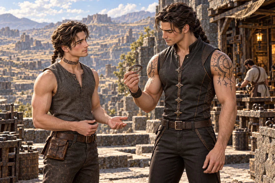 Aedrin examines a small woven metal bracelet while Saevren watches beside him.
