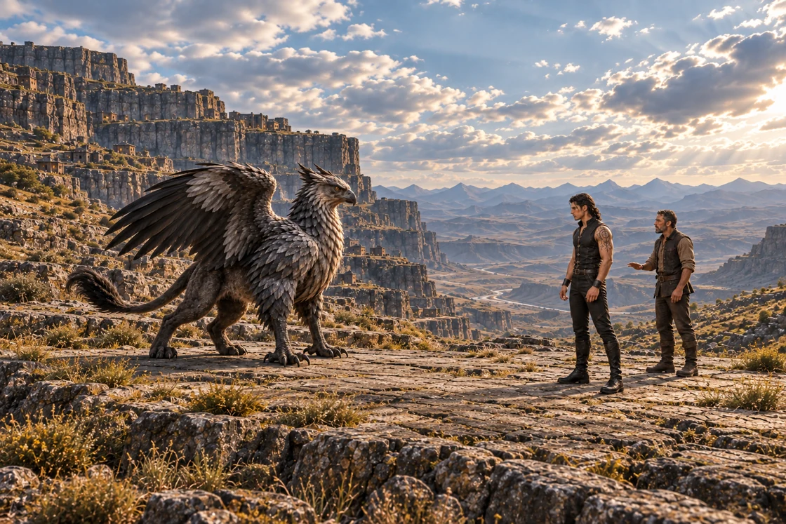 A steel-grey griffin stands on the left of a broad basalt terrace with one wing partially raised. Across an open stretch of rock, Aedrin watches while a brown-clad specialist behind him makes a low, palm-down gesture. Terraced homes, mountains and the basin fill the distance.