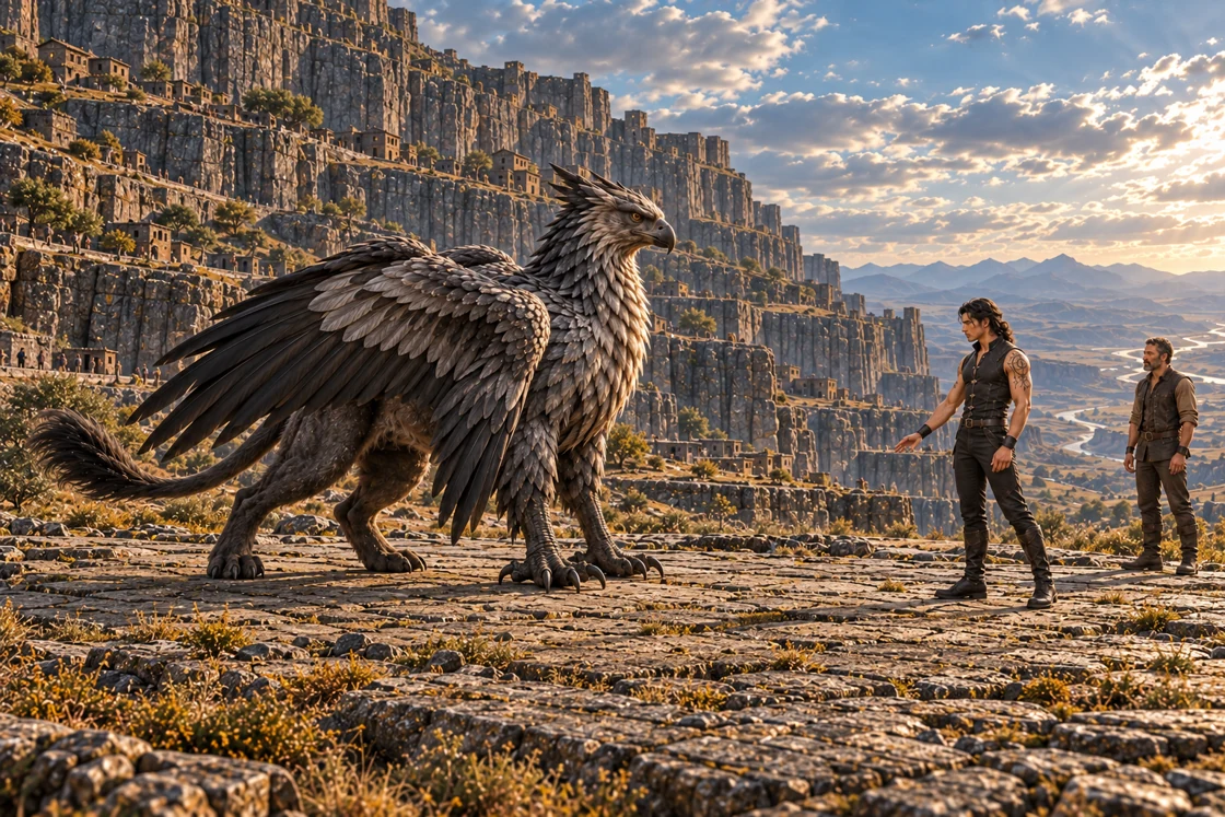A slate-grey griffin lowers its wings on a broad rocky apron as Aedrin stands a short distance away with one hand held low. A specialist waits behind him, beneath immense inhabited basalt terraces overlooking a mountain basin.