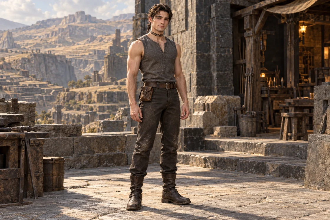 Full-length portrait of Saevren in a sleeveless grey work shirt, with a geometric neck tattoo and short braid, outside a basalt workshop.