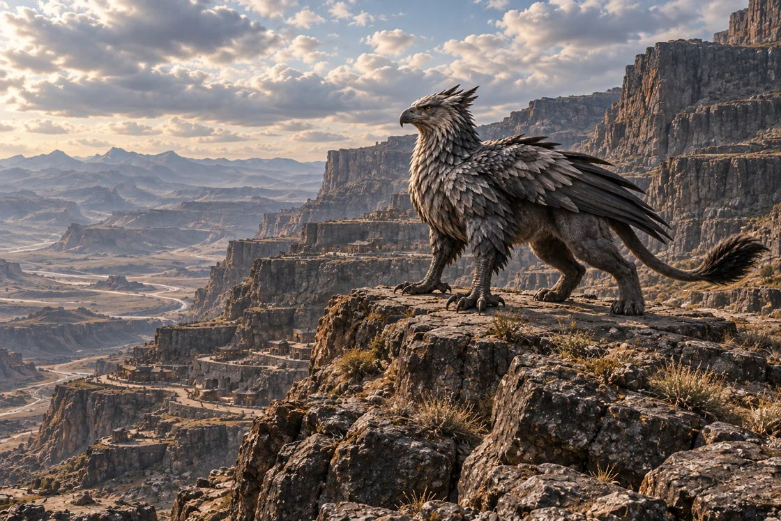A steel-grey griffin stands on a broad basalt ledge, its wings folded, raptor forefeet and feline hind paws planted on the rock. Its long tufted tail curves to the right. Terraced homes and ramps lie far below, with an immense rocky basin stretching to the left.