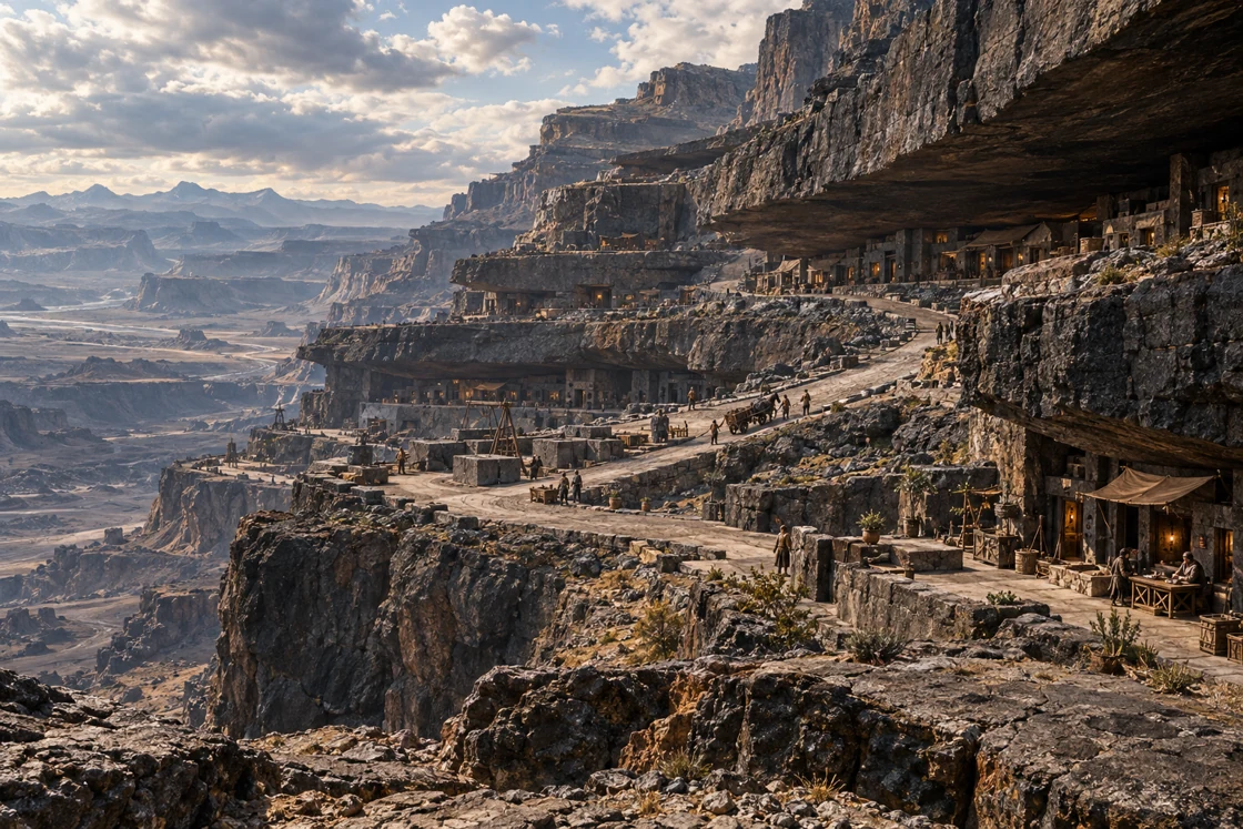 The inhabited basalt steps above an open mountain basin