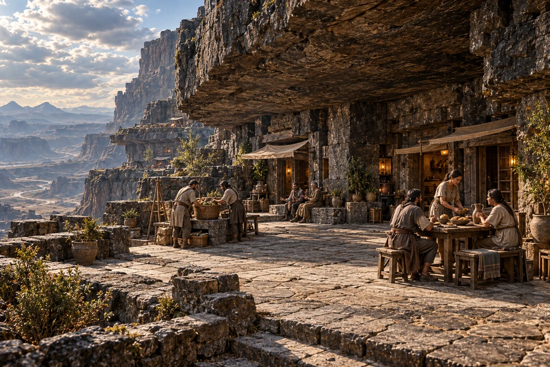 An open stone courtyard beneath an immense basalt overhang. Residents share a meal on the right, receive a basket of provisions on the left and converse on a bench by the homes. Terraced mountains and a wide basin extend into the distance.