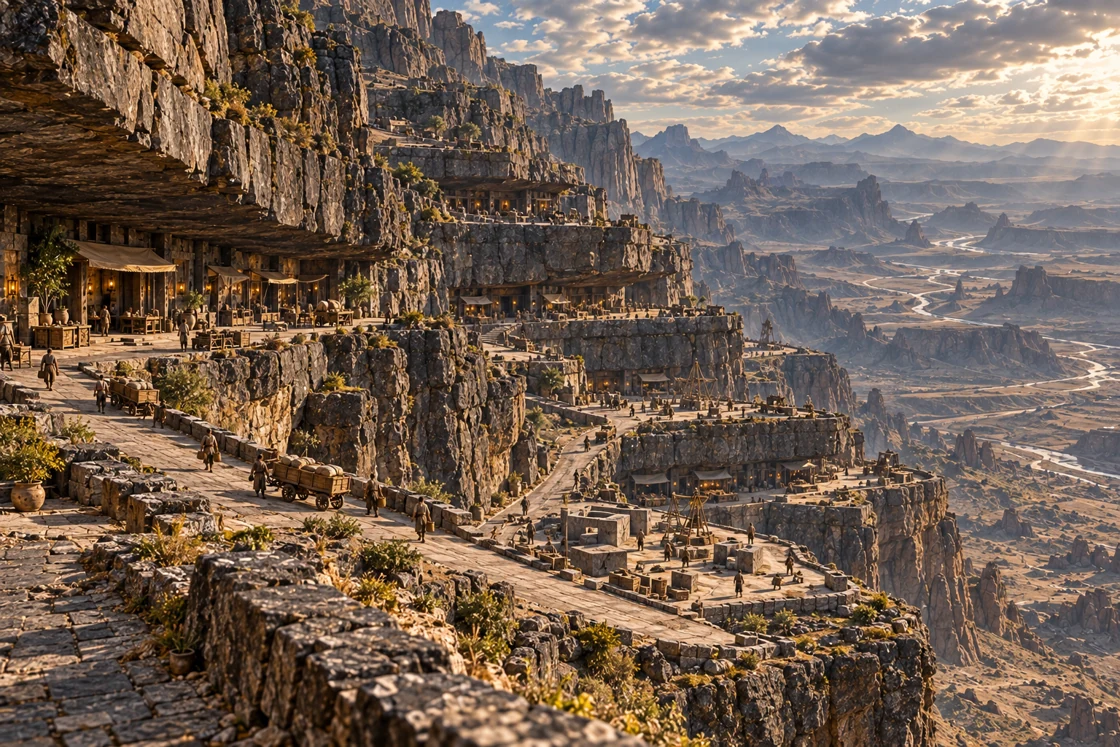 A high view across immense inhabited basalt steps, with long ramps linking sheltered homes, stone-working courts and small groups of residents guiding carts. A broad basin and distant mountain ridges open to the right.