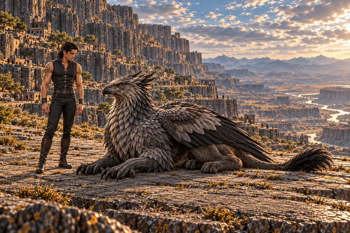 A slate-grey griffin rests on a broad basalt apron, wings folded and head upright, while Aedrin stands quietly beside it. Its talons, tucked feline paws and tufted tail are visible against inhabited terraces and a vast mountain basin.