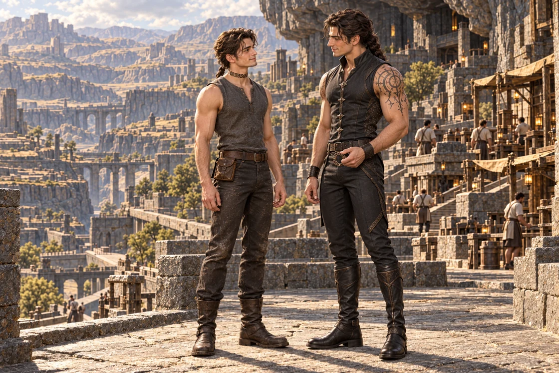 Saevren stands facing Aedrin on a broad terrace; both share a small smile with the mountain basin behind them.