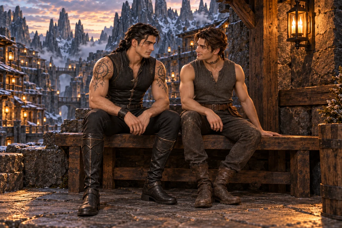 Aedrin and Saevren sit beside one another on a bench against a basalt wall, exchanging a quiet smile in warm lantern light.