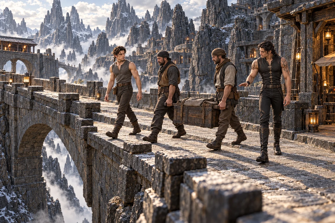 Saevren leads across a basalt bridge, two porters carry a chest between them and Aedrin signals a steady pace.