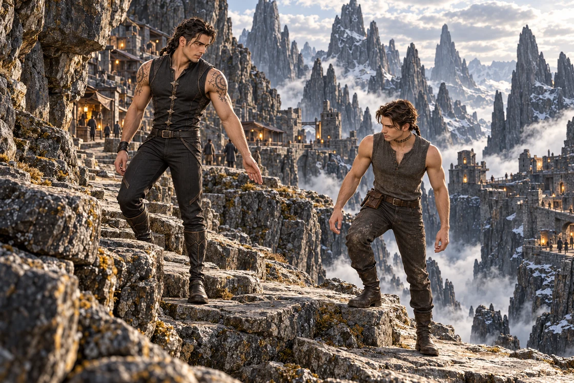 Aedrin stands on a higher rock step at left, guiding Saevren along a narrow path between basalt needles.