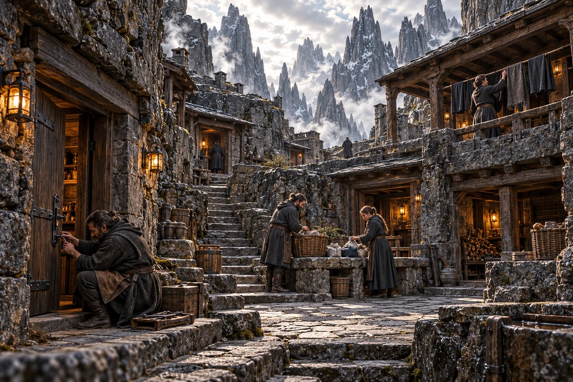Residents repair a recessed doorway, carry provisions and hang laundry in a sheltered basalt courtyard.