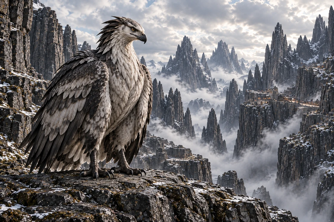 A massive pearl-grey and charcoal Orryvak perches on a basalt ledge with its four wings folded in layered curtains.