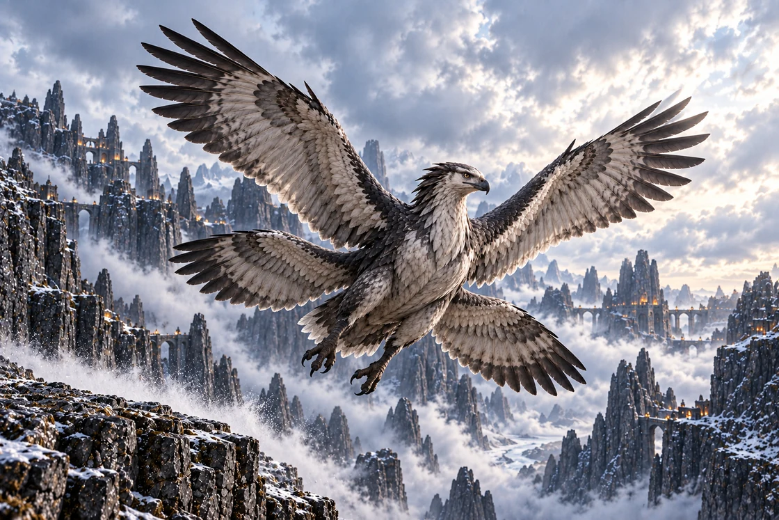 An Orryvak leaves a basalt ledge with all four feathered wings spread fully against a misty mountain gorge.