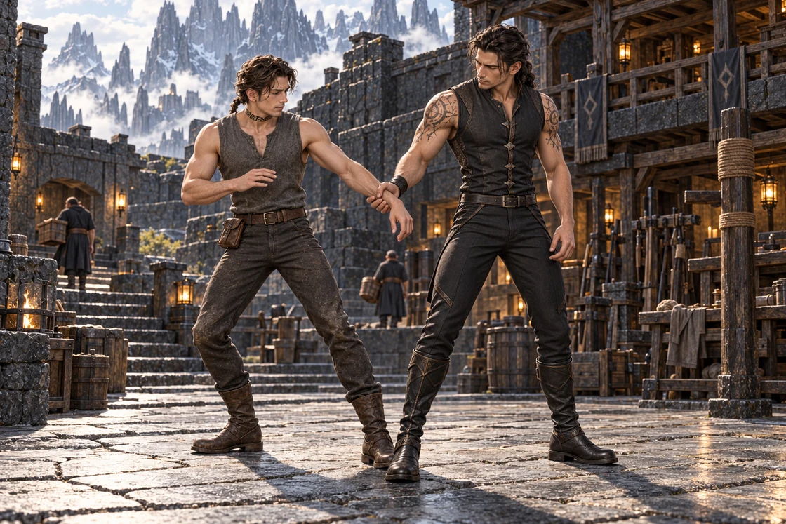 Saevren lowers his stance as Aedrin gently guides his forearm during a balance exercise in a basalt court.