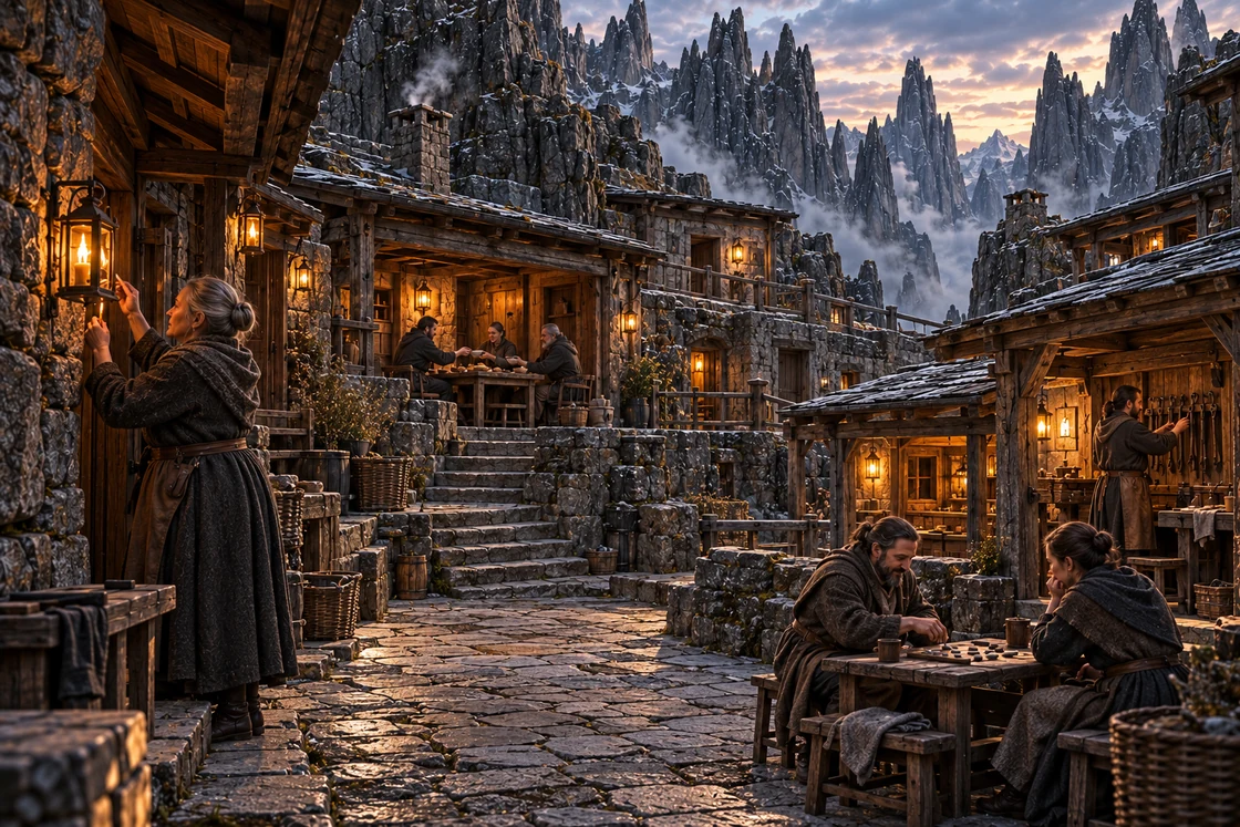 Residents light a lantern, share food, put away tools and play with stone counters in a basalt courtyard at dusk.