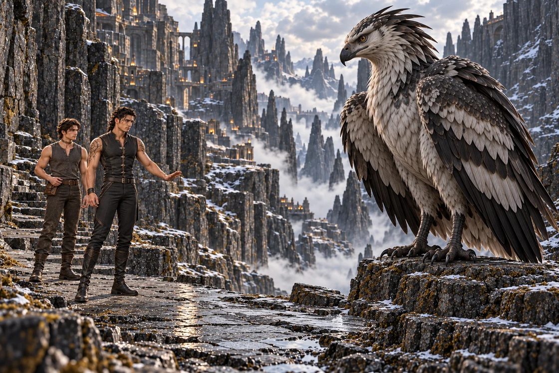 Aedrin and Saevren stop at the left of a broad ledge, leaving open space before a huge, alert Orryvak at right.