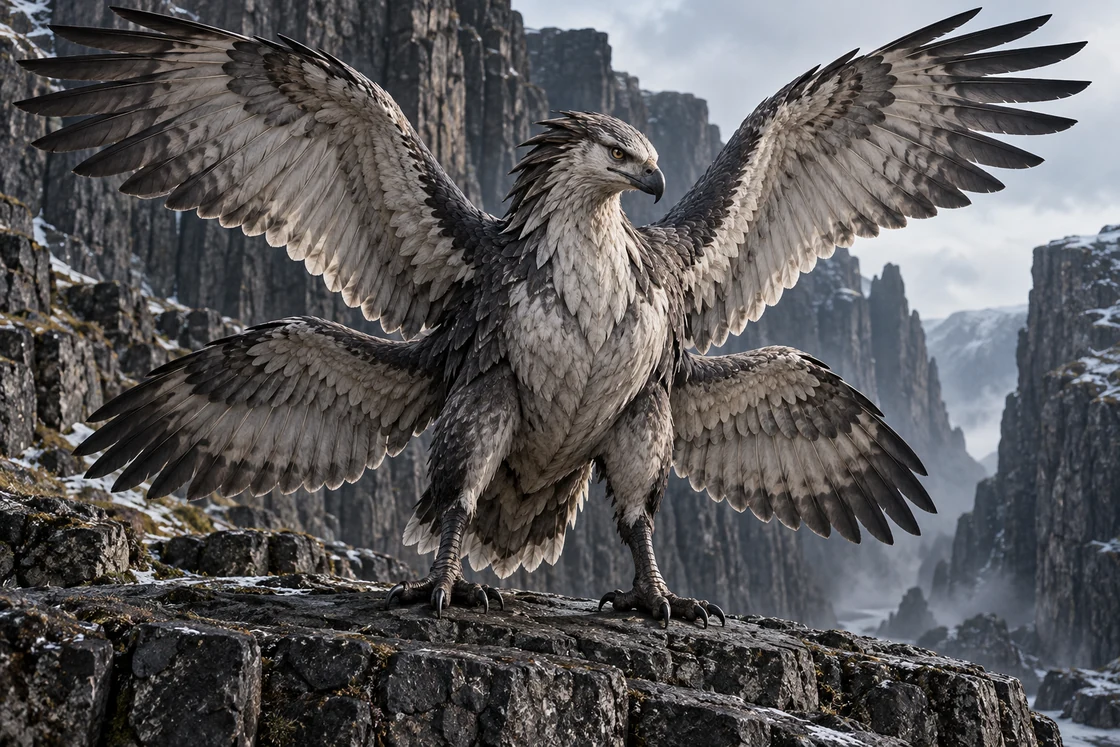 Full view of an Orryvak with one head, four feathered wings, two taloned legs and a short tail on a basalt perch.