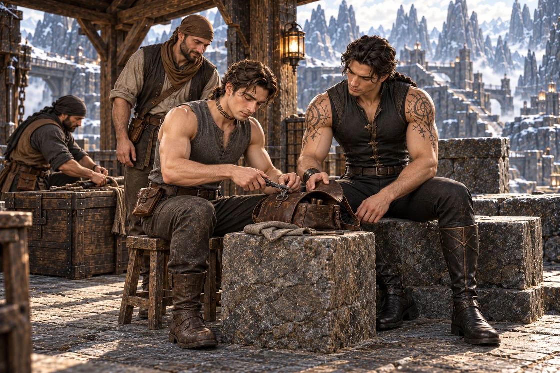 Saevren repairs a leather tool bag clasp with pliers while Aedrin holds its flap and porters tend their equipment.